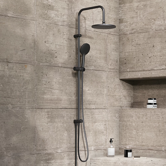 Душевой гарнитур Damixa Origin Bit, высота 101-146 см, цвет черный матовый, без смесителя, комплект: тропический душ (с верхней лейкой)/стойка/лейка/шланг, настенная