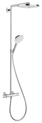 Душевая система Hansgrohe Raindance S Showerpipe 240 2jet, высота 107,5 см, цвет хром/белый, комплект: верхний душ/ручной душ/термостат для душа/штанга для душа/держатель для душа, наружного монтажа, настенная, латунная, с термостатом, для душа/ванно