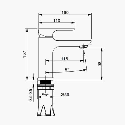 Смеситель для раковины/умывальника Raglo R03.10.03 однорычажный, неповоротный, фиксированный, излив длина 115 мм высота 98 мм латунь, цвет золотой сатин