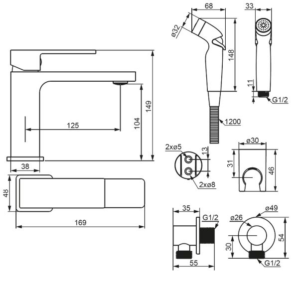 Смеситель для раковины/умывальника Damixa Gala, с гигиеническим душем, однорычажный, неповоротный, керамический, длина излива 125 мм, латунь, цвет хром