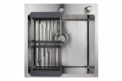 Мойка кухонная Siriusline, 50х50 см, врезная, нержавеющая сталь, квадратная, цвет: сатин, с отверстием под смеситель, в комплекте: коландер, дозатор, сифон SL5050