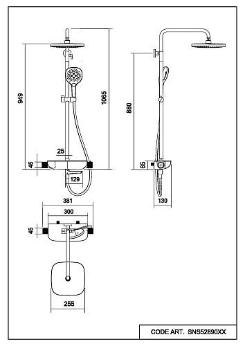 Душевая система Abelsberg Lineara с термостатом, высота 900−1300 мм цвет космическая сталь, комплект: смеситель/полка для душа/излив/тропический душ прямоугольный (с верхней лейкой)/лейка/стойка/шланг, латунь/ABS-пластик