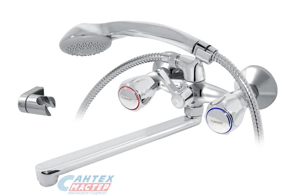 Смеситель для ванны/душа Варион Парма двухвентильный, керамический, настенный, излив поворотный 330 мм, с гибким шлангом, душем/лейкой, латунь хром, длинный, универсальный, горизонтальный, вентильный, кран, комплект, сантехника, размер