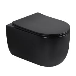 Унитаз подвесной ABBER Bequem 530х360х360 мм цвет черный матовый, горизонтальный (прямой) выпуск, система антивсплеск, смыв торнадо, безободковый, с сиденьем микролифт, дюропласт, под скрытый бачок AC1104TMB