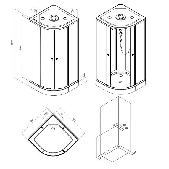 Душевая кабина AM.PM X-Joy 90x90 см поддон низкий, четверть круга/угловая, стекло прозрачное 4 мм, заднее белое, с верхним душем, профиль серебристый, без гидромассажа, с крышей