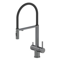 Смеситель для кухни/мойки SS Oliveeka OL-458009-BGM с подключением к фильтру, двухзахватный, поворотный/гибкий излив, керамический картридж, высокий, длина излива 220 мм, нержавеющая сталь, цвет матовый оружейный металл/черный