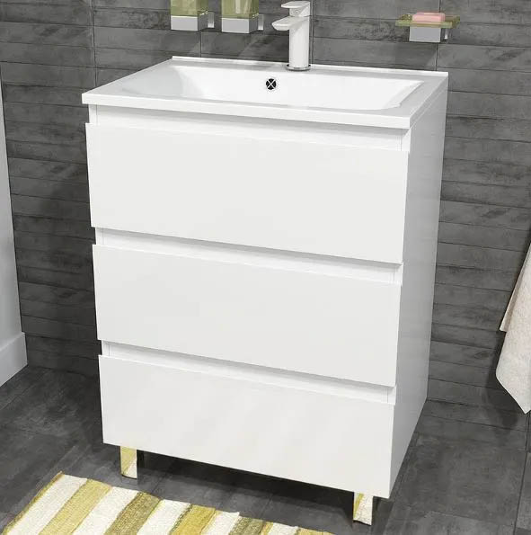 Тумба с раковиной Эстет Bali 65, 648х860х446 мм, напольная, 3 выдвижных ящика, ЛДСП/МДФ, прямоугольная, цвет: белый/раковина Bali, прямоугольная, цвет белый