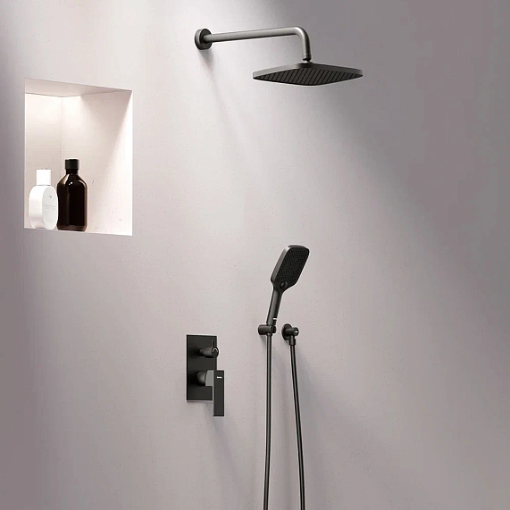 Душевая система Damixa Gala встраиваемая, цвет черный матовый, комплект: смеситель/тропический душ прямоугольный (с верхней лейкой)/лейка/шланг, латунь/ABS-пластик/ПВХ, скрытого монтажа 