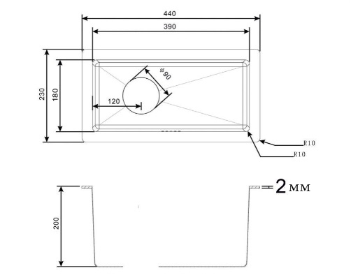 Мойка кухонная ZorG Light, 23х44х20 см, нержавеющая сталь, прямоугольная, цвет: нержавеющая сталь, без отверстия под смеситель, без крыла, слив-перелив, врезная