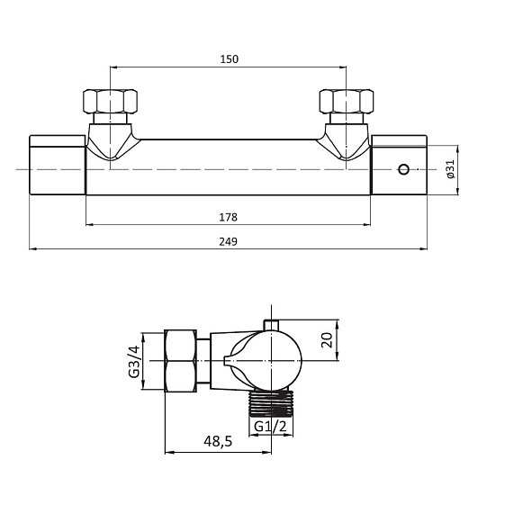Смеситель для душа Damixa Jupiter, настенный, термостатический, без излива/шланга/лейки, латунь, цвет хром, для душа