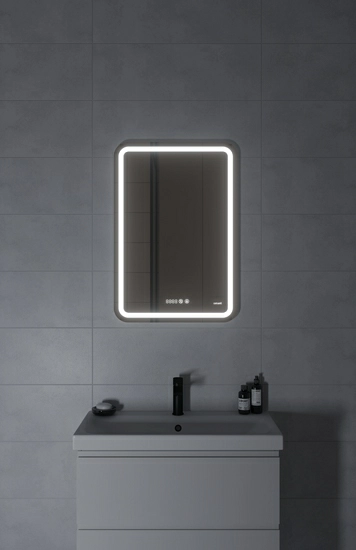 Зеркало Cersanit LED 050 design pro, 55х80х4 см, с LED/ЛЕД-подсветкой, часы/датчик температуры, прямоугольное, с антизапотеванием, выключатель сенсорный, для ванны
