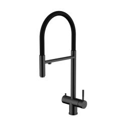 Смеситель для кухни/мойки Knotlor Infinity, с подключением к фильтру, однорычажный, поворотный, керамический, R-излив, гибкий, длина 230 мм, матовый черный/черный, нержавеющая сталь SS-16/BL