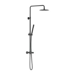 Душевая система Damixa Scandinavian Pure, высота 1050-1450 мм, цвет черный матовый, комплект: термостатический смеситель/тропический душ круглый (с верхней лейкой)/стойка/лейка/шланг, латунь/пластик