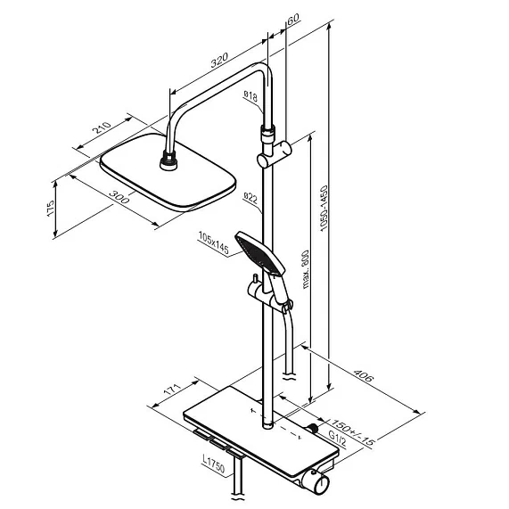 Душевая система Damixa Gala, высота 1050-1450 мм, цвет черный матовый, комплект: термостатический смеситель-полка/излив/тропический душ прямоугольный (с верхней лейкой)/стойка/лейка/шланг, нержавеющая сталь/ABS-пластик/ПВХ