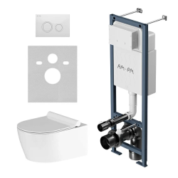 Комплект унитаза с инсталляцией AM.PM Damixa Jupiter, c сиденьем микролифт, с клавишей смыва (кнопкой, клавишей двойного смыва) белый, система для подвесного унитаза, со скрытым смывным бачком (бак), с подвесным унитазом