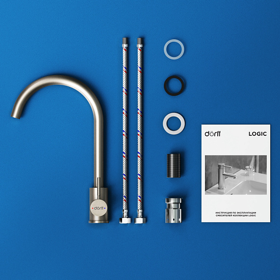 Смеситель для кухни/мойки Dorff Logic однорычажный, поворотный, нержавеющая сталь, с высоким изливом, длина 190 мм, цвет сатин