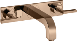 Смеситель для раковины Axor Citterio на 3 отверстия, двухвентильный, с рычаговыми рукоятками, настенный, скрытого монтажа, фиксированный излив, длина излива 22,6 см, керамический, латунь, цвет полированное красное золото, с панелью