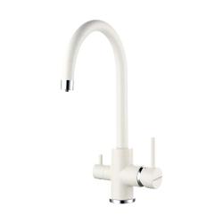 Смеситель для кухни/мойки Paulmark Essen, с подключением к фильтру/биканальный, однорычажный, поворотный излив, керамический картридж, высокий, длина излива 200 мм, латунь, цвет белый