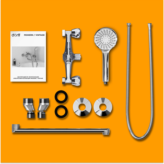 Смеситель для ванны/душа Dorff Modern двухвентильный, керамический, настенный, излив поворотный 320 мм, с гибким шлангом/лейкой, латунь, цвет хром