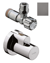 Вентиль Axor угловой, одновентильный, запорный, латунь, цвет: шлифованный черный хром, керамический, подключение к стене 1/2", отвод 3/8", с декоративной накладкой