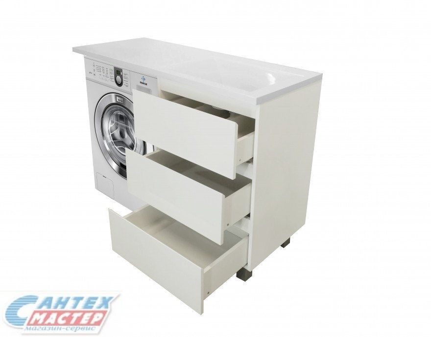 Тумба ESTET LUX Эстет Dallas Luxe 110х48.2 см, с раковиной столешницей над стиральной машиной, с правым крылом, напольная, 3 ящика, прямоугольная, литьевой мрамор, цвет белый, без отверстия под смеситель