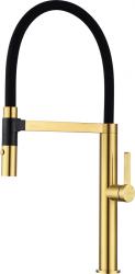 Смеситель для кухни/мойки Paulmark Leader, однорычажный, поворотный/гибкий излив, керамический картридж, высокий, длина излива 231 мм, латунь, цвет брашированное золото