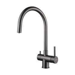 Смеситель для кухни/мойки Paulmark Heller, с подключением к фильтру/биканальный, однорычажный, поворотный излив, керамический картридж, высокий, длина излива 219 мм, нержавеющая сталь, цвет вороненая  сталь