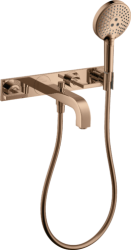 Смеситель для ванны Axor Citterio двухвентильный, с рычаговыми рукоятками, настенный, неповоротный, латунный, длина излива 22,2 см, керамический, цвет полированное красное золото, с душевым шлангом/лейкой/держателем, с панелью, на 3 отверстия