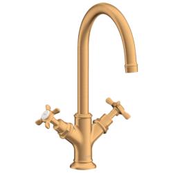 Смеситель для раковины Axor Montreux, двухвентильный, поворотный излив, длина излива 17,5 см, керамический, латунь, цвет шлифованное золото, с донным клапаном