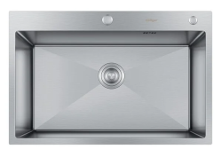 Мойка кухонная Hoffger 7550 врезная, Satin (сталь сатин) 750х500х225 мм нержавеющая сталь, с отверстием под смеситель, без крыла, слив-перелив
