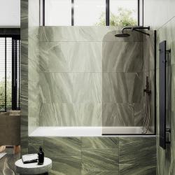 Душевая шторка на ванну MaybahGlass, 140х34 см, бронзовое стекло/профиль узкий, цвет черный, фиксированная, плоская/панель, правая/левая, правосторонняя/левосторонняя, универсальная