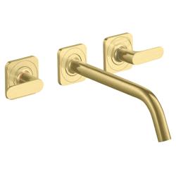 Смеситель для раковины Axor Citterio M, на 3 отверстия, двухвентильный, с рычаговыми рукоятками, скрытого монтажа, настенный, фиксированный излив, длина 22,6 см, керамический, латунь, цвет шлифованная медь, незапираемый сливной набор