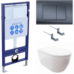 Комплект унитаза с инсталляцией Aquatek Поларис (Сет) c сиденьем микролифт, с клавишей смыва (кнопкой, клавишей двойного смыва) оружейная сталь матовая, комплект крепления