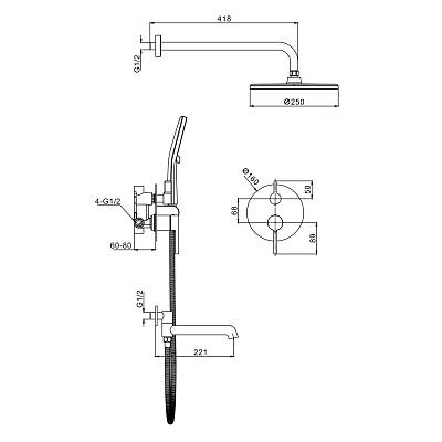Душевая система Raglo R20.27.06 встраиваемая, цвет черный, комплект: однорычажный смеситель/излив/тропический душ круглый (с верхней лейкой)/лейка/шланг, скрытый монтаж