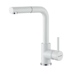 Смеситель для кухни/мойки Paulmark Kassel, однорычажный, поворотный, керамический картридж, высокий, выдвижной излив, длина излива 187 мм, латунь, цвет белый матовый