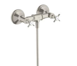 Смеситель для душа Axor Montreux, двухвентильный, с крестообразными рукоятками, внешнего/наружнего монтажа, настенный, без излива/шланга/лейки, керамический, латунный, цвет под сталь Смеситель для душа Axor Montreux, двухвентильный, с крестообразными рукоятками, внешнего/наружнего монтажа, настенный, без излива/шланга/лейки, керамический, латунный, цвет под сталь