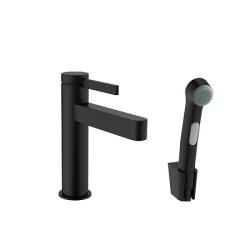 Смеситель для раковины Hansgrohe Finoris 110, с гигиеническим душем/лейкой, однорычажный, фиксированный излив, длина 13,9 см, керамический, латунь, цвет матовый черный, шланг 160 см, для биде, сливной клапан Push-Open