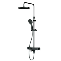 Душевая система AM.PM Inspire 2.0, высота 1030-1460 мм, цвет черный матовый, комплект: термостатический смеситель с изливом/тропический душ (с верхней лейкой)/стойка/лейка/шланг, латунь/ABS-пластик/нержавеющая сталь/ПВХ