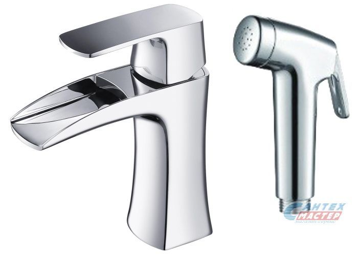 Смеситель для раковины Zeegres Z.Kon с гигиеническим душем/лейкой, однорычажный, излив короткий, длина 121 мм, керамический, латунь, цвет хром