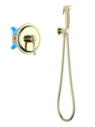 Смеситель с гигиеническим душем Aquatek Классик встраиваемый, однорычажный, керамический, без излива, с гибким шлангом/лейкой, латунь, цвет полированное золото