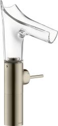 Смеситель для раковины Axor Starck V 220, однорычажный, стеклянный поворотный излив, длина излива 12,5 см, керамический, латунь, цвет: полированный никель, с незапираемым сливным набором
