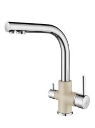 Смеситель для кухни/мойки Paulmark Essen, с подключением к фильтру/биканальный, однорычажный, поворотный излив, керамический картридж, высокий, длина излива 197 мм, латунь, цвет шампань/хром