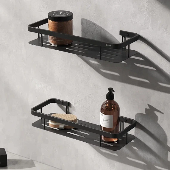 Полка AM.PM Sense L, двухъярусная, настенная, нержавеющая сталь, форма прямоугольная, цвет: черный матовый, в ванную/туалет/душевую кабину