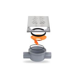 Трап Metaleks низкий с решеткой LINEA 15х15 см, D 50, цвет хром, для душа в полу, с сухим затвором, горизонтальный проходной выпуск, нержавеющая сталь, квадратный