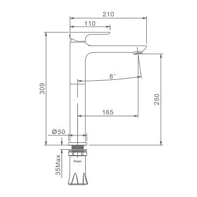Смеситель для раковины/умывальника Raglo R03.15.09 однорычажный, высокий, неповоротный, фиксированный, излив длина 165 мм высота 250 мм латунь, цвет графит