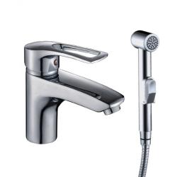 Смеситель для раковины/умывальника Rossinka, с гигиенчиеским душем, однорычажный, неповоротный, керамический, длина излива 158 мм, латунь, цвет хром