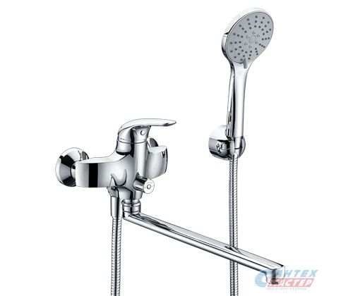 Смеситель для ванны/душа Wasserkraft Rossel однорычажный, керамический, настенный, излив поворотный 384,5 мм, с гибким шлангом, душем/лейкой, латунь, цвет хром, длинный, универсальный, горизонтальный, рычажный, кран, комплект, сантехника, размер