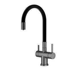 Смеситель для кухни/мойки Splenka S70.64.09 с подключением фильтра, однорычажный, поворотный/гибкий, керамический, излив 216 мм, высота излива 308 мм нержавеющая сталь/силикон, цвет графит/черный