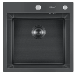 Мойка кухонная Hoffger 5050T врезная, Black (черная) 500х500х225 мм нержавеющая сталь, с PVD покрытием, декор соты, с отверстием под смеситель, без крыла, слив-перелив