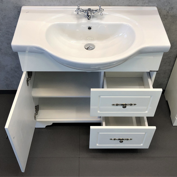 Тумба с раковиной Comforty Севилья 85, 87,5х88х51 см, напольная, 2 выдвижных ящика/1 распашная дверца, ЛДСП/МДФ, прямоугольная, цвет- слоновая кость/раковина Сенеж 87, округлая, цвет белый, встраиваемая